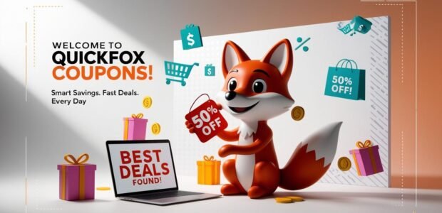 "QuickFoxCoupons featured banner with fox mascot, discount tags, online shopping icons, and smart savings theme."